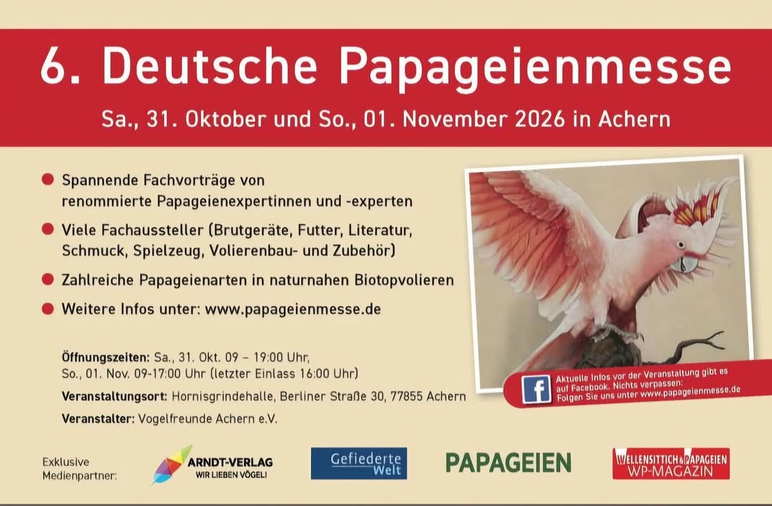Die FedernHilfe e.V. ist bei der 6. Deutschen Papageienmesse dabei! Am 31. Oktober und 1. November 2...